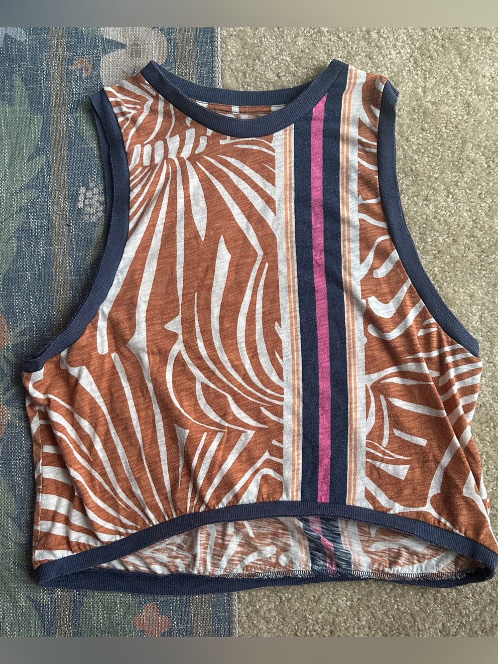 Sleeveless Rust & White Patterned Crop Top with Navy Trim